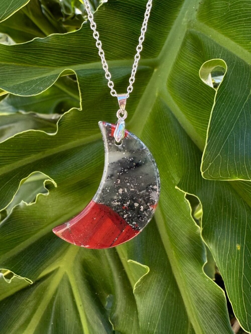 NEW African Bloodstone Crescent Moon Pendant Necklace